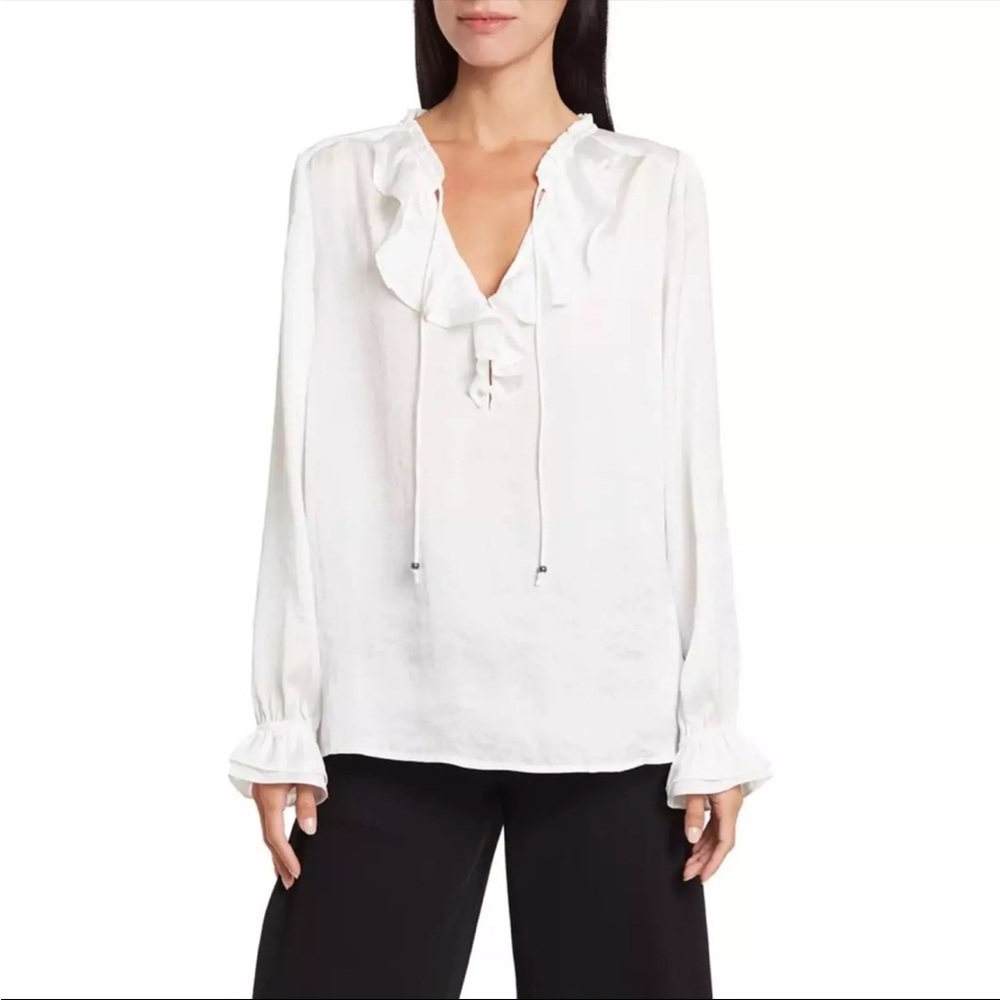 Paige Blouse Women Small White Fauna Ruffle Peasant Long Sleeve Satin Tassel Top